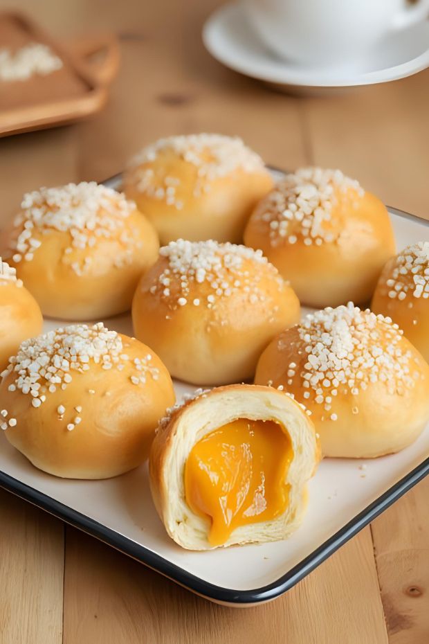 Earl Grey Milk Tea Custard Buns with pearl sugar topping and creamy custard center, perfect for tea time.