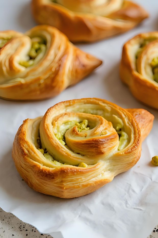 Pistachio Cardamom Cruffins, flaky croissant muffins spiraled with pistachio paste and aromatic cardamom sugar, perfect for any occasion.