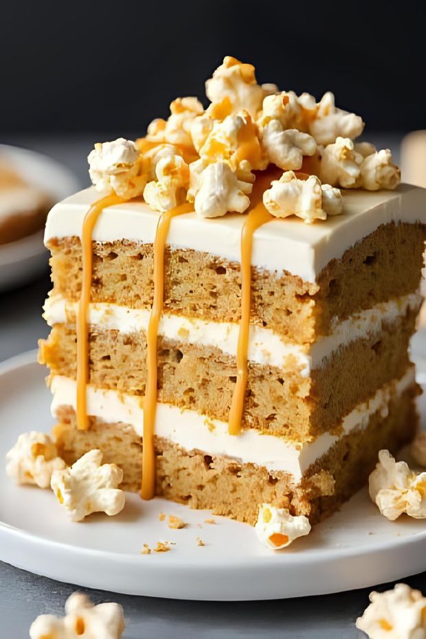 Caramel Popcorn Stack Cake with layers of caramel sponge, salted popcorn cream, and crunchy popcorn brittle for a delicious dessert.
