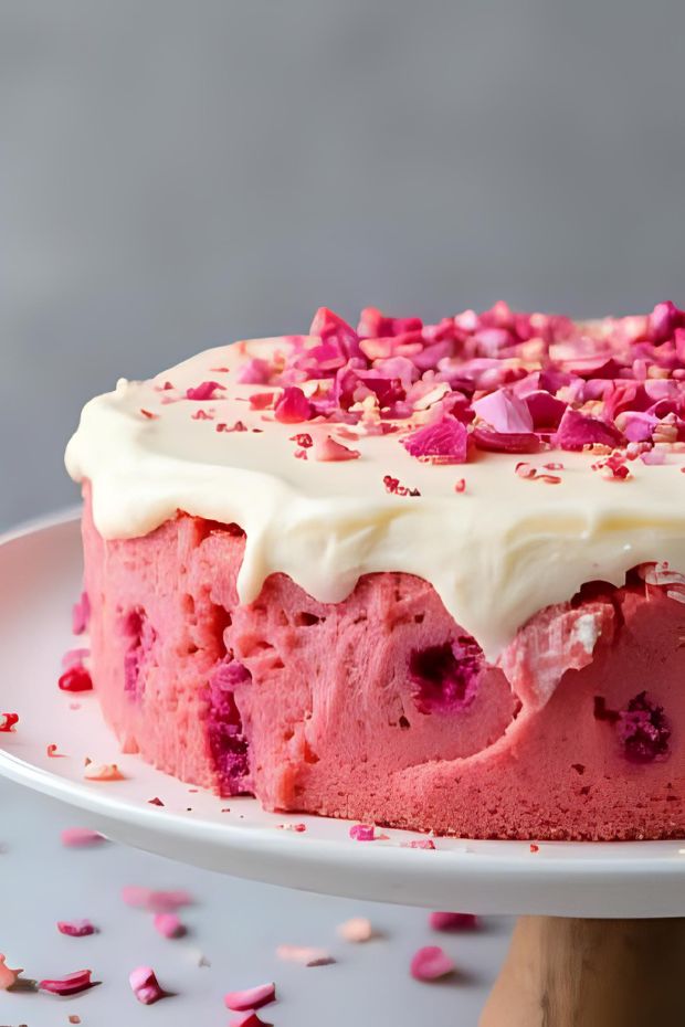 A gorgeous Rose Lassi Tres Leches Cake topped with cream and dried rose petals, embodying floral sweetness and rich flavors.