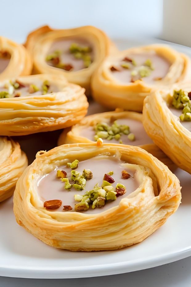 Flaky danishes filled with rosewater halva and topped with crushed pistachios, perfect for sweet treats.