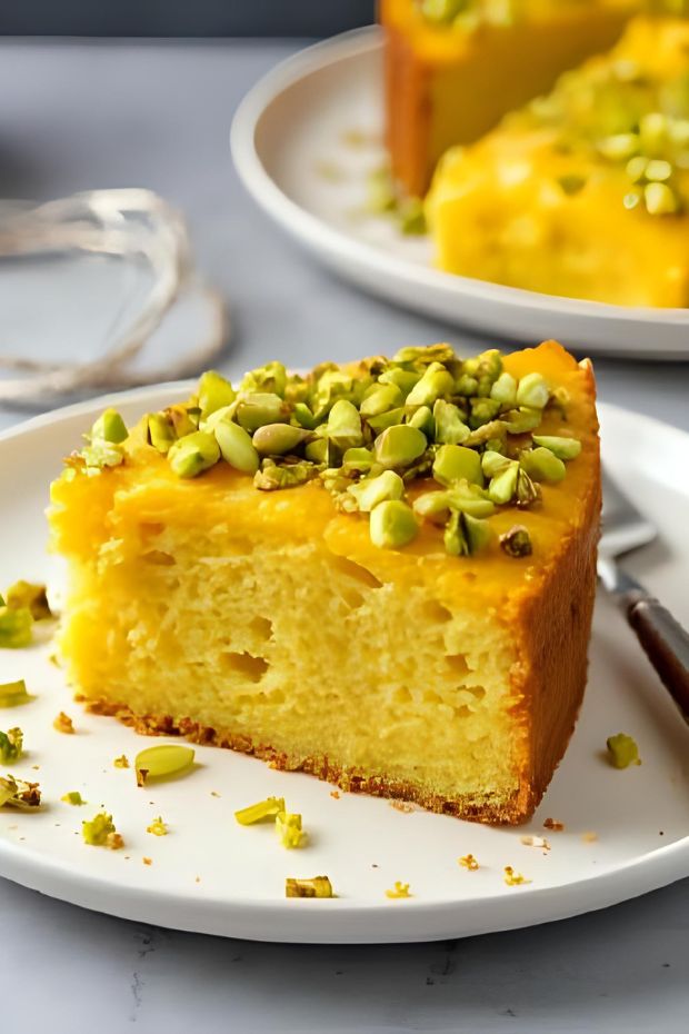 Saffron Pistachio Basbousa Cake: Moist semolina cake topped with crunchy pistachios and a luxurious saffron flavor.