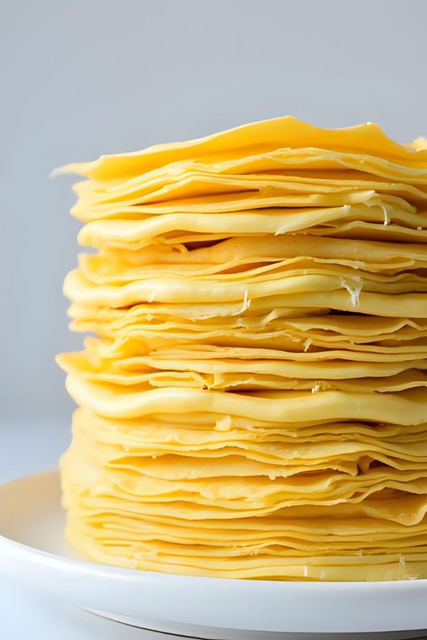 Saffron Vanilla Mille-Crêpe Cake composed of delicate saffron crêpes layered with smooth vanilla cream, elegantly presented.