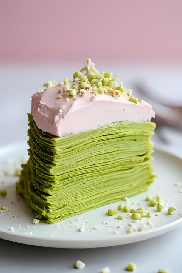 Sakura Matcha Mille Crêpe Cake with layers of matcha crêpes and cherry blossom cream, elegantly presented.