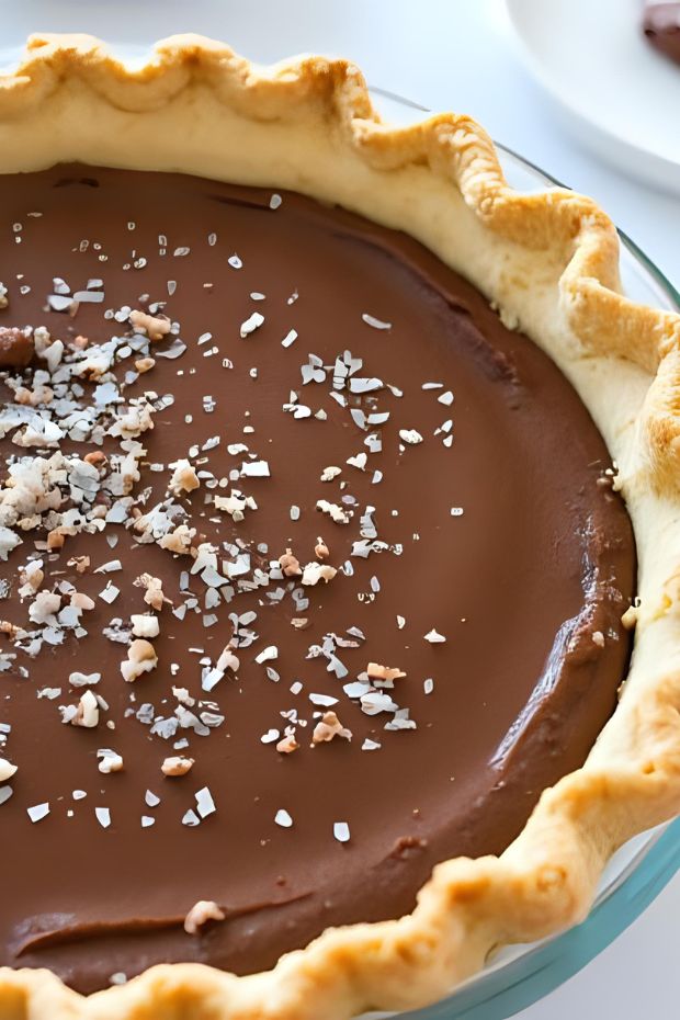 A decadent Smoked Salt Chocolate Pie with creamy chocolate custard and topped with smoked salt flakes.