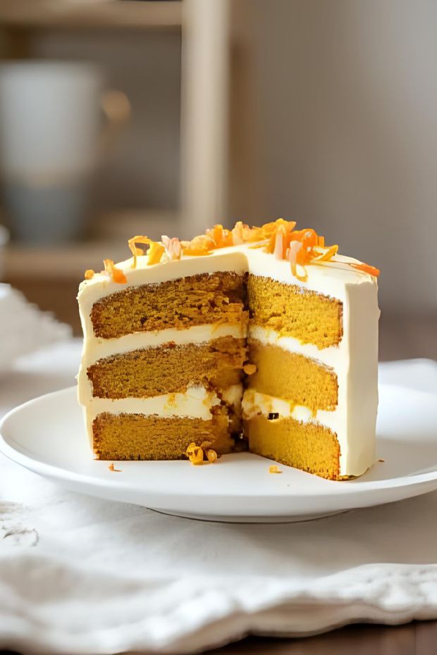 A moist and vibrant Turmeric Carrot Cardamom Cake layered with creamy frosting and garnished with candied carrot curls.