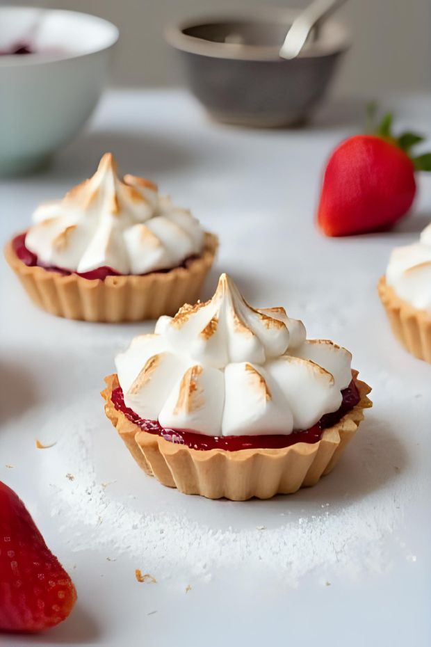 Vegan Aquafaba Strawberry Meringue Tarts with berry compote and beautifully piped meringue.