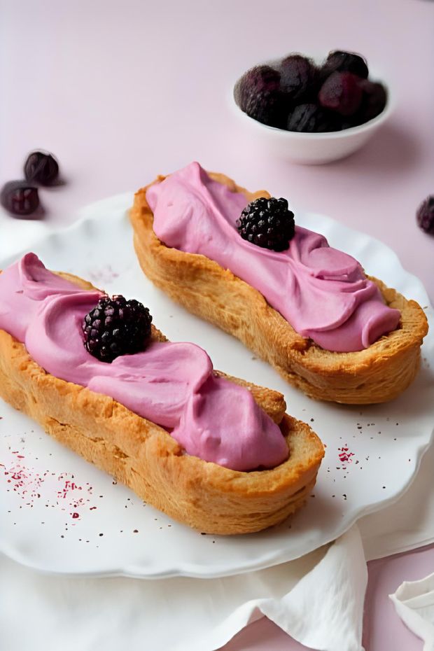 Delicious Blackberry Cheesecake Éclair Boats with creamy mousse and fresh blackberries, a perfect dessert for any gathering.