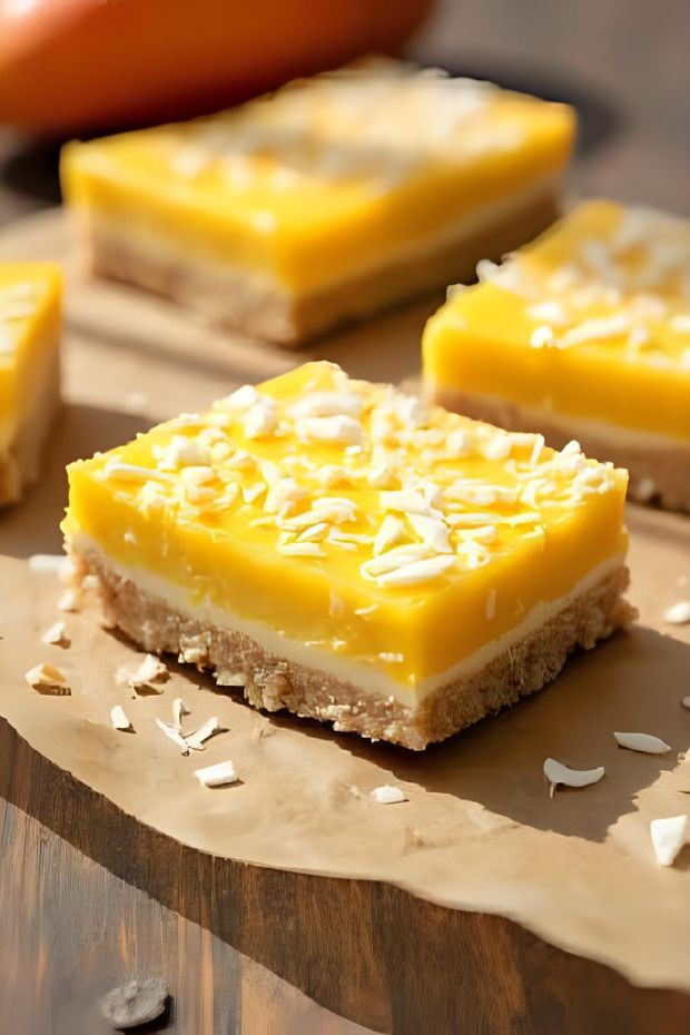 Delicious Coconut Mango Bars with Almond Crust, a tropical dessert perfect for summer gatherings and refreshing snacks.