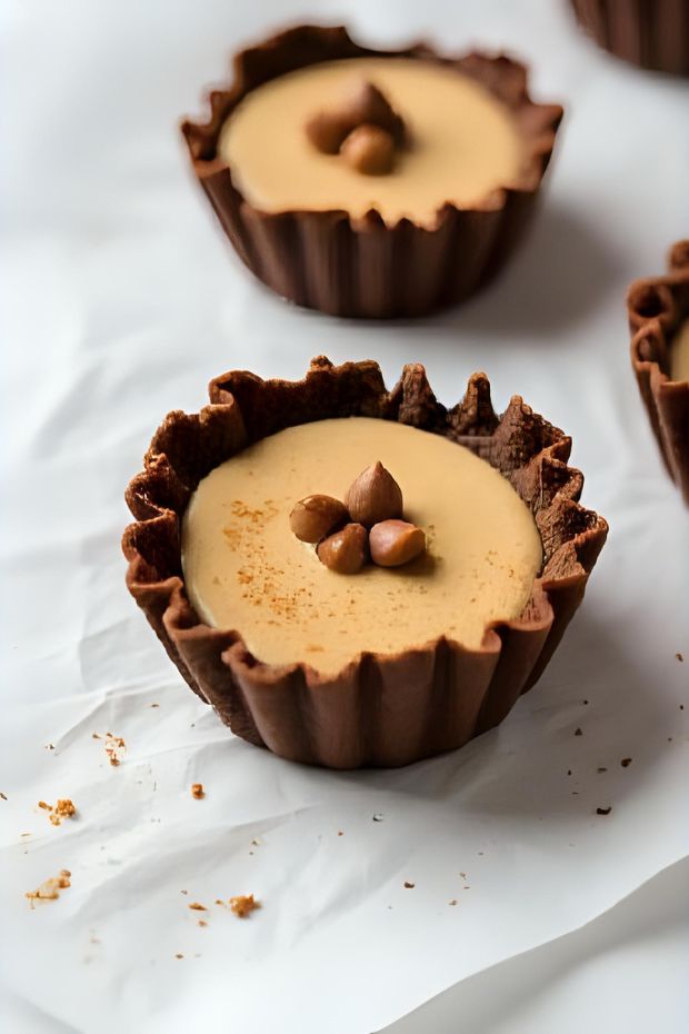 Hazelnut Latte Cream Tarts with chocolate shells and roasted hazelnuts on top, a perfect dessert for coffee lovers.