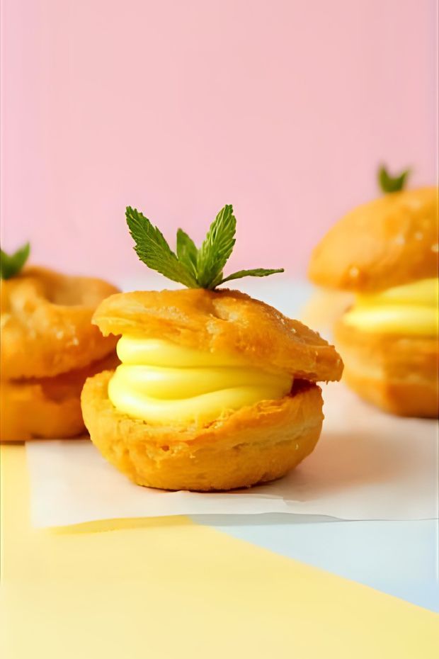Mango Lassi Cream Choux pastry filled with mango yogurt mousse, garnished with mint leaves.