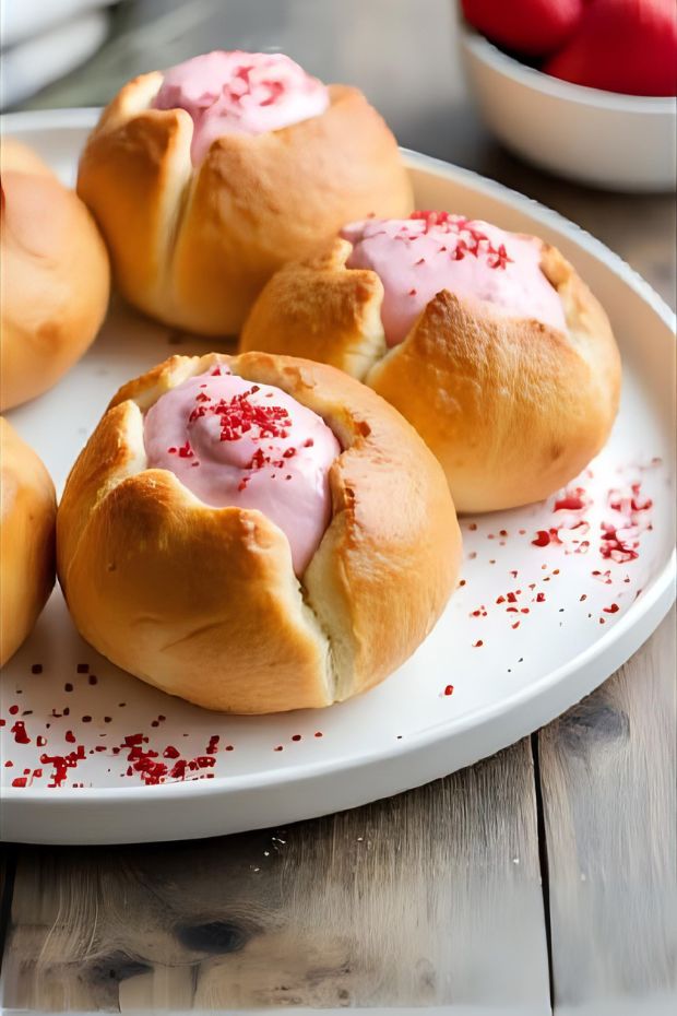 Freshly baked Strawberry Basil Cream Buns with a pink cream filling and topped with crushed strawberries.
