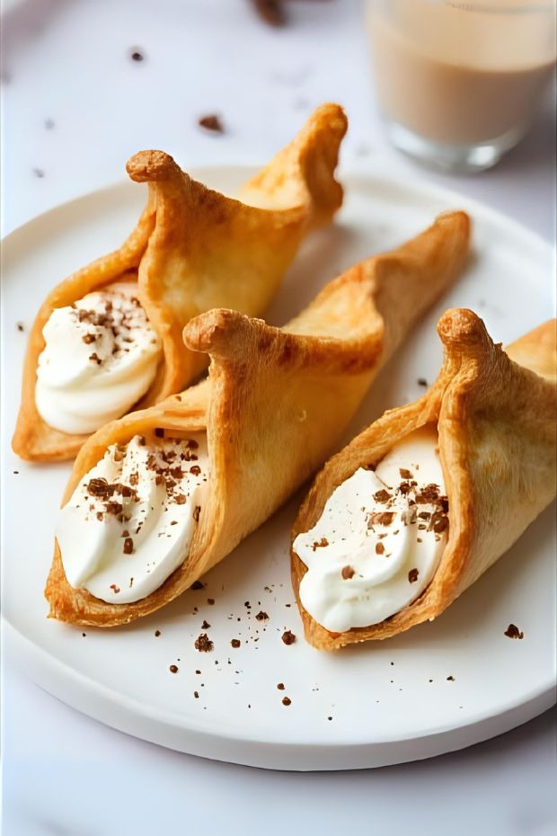 Crispy Tiramisu Cream Horns filled with rich mascarpone and espresso cream, garnished with cocoa powder.