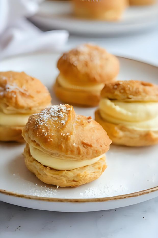 Vegan chai cream puffs filled with coconut milk custard on a plate, topped with powdered sugar.