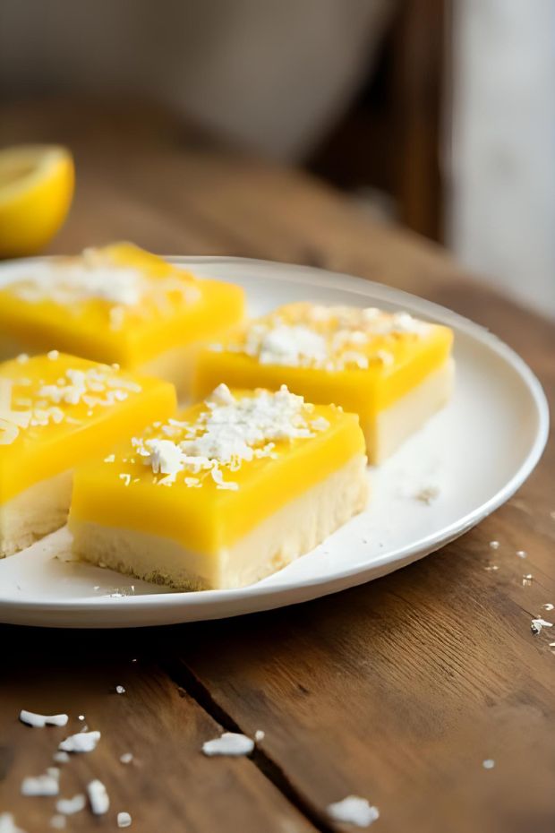 Vegan lemon coconut bars showcasing a zesty lemon filling on a coconut shortbread base, decorated with shredded coconut.