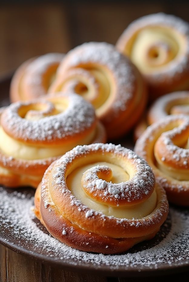 Delicious Almond Cream Danish Swirls featuring a flaky pastry with a rich almond filling, ready to be enjoyed.