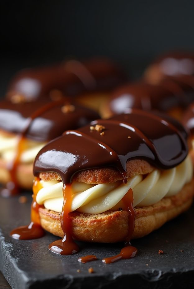 Chocolate Eclairs filled with salted caramel cream and topped with rich chocolate ganache.