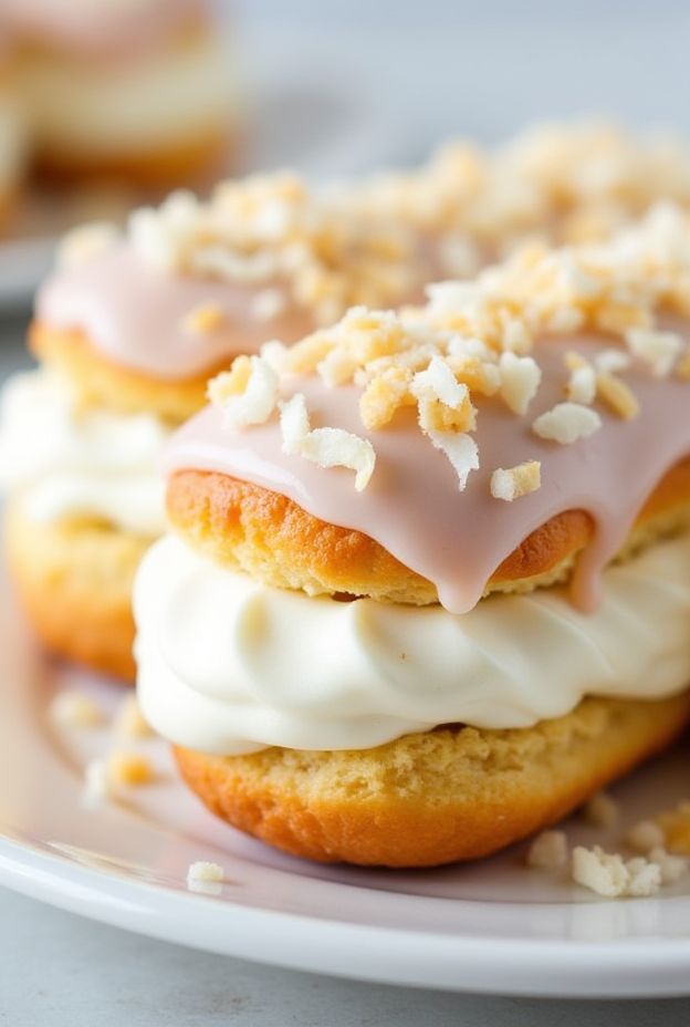 Vegan coconut cream eclairs with pink glaze and toasted coconut on top, perfect for all occasions.