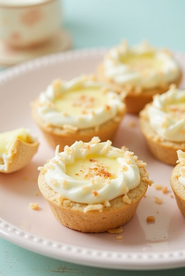 Coconut Custard Tartlets topped with whipped cream and toasted coconut flakes on a pink plate.