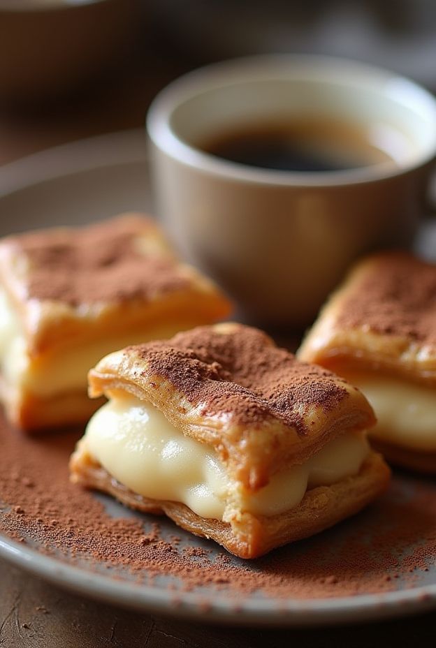 Coffee custard puff pastries with creamy filling served with coffee, perfect for dessert lovers.