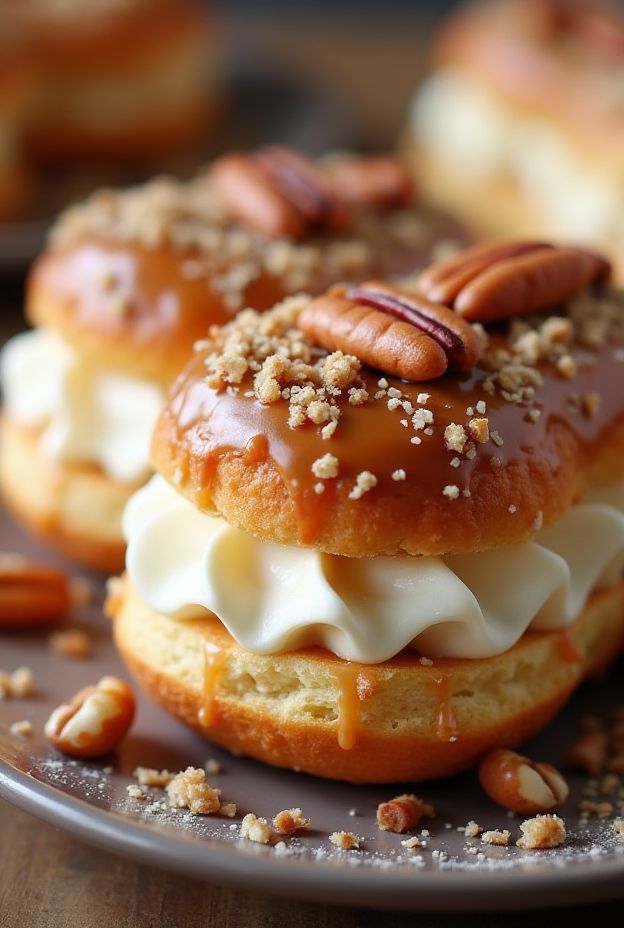 Maple Pecan Cream Eclairs with creamy filling and caramel topping, perfect for dessert lovers.