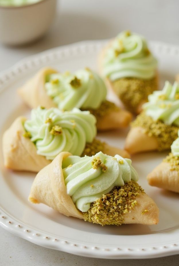 Pistachio Cream Horns filled with creamy pistachio filling, topped with crushed pistachios on a plate.