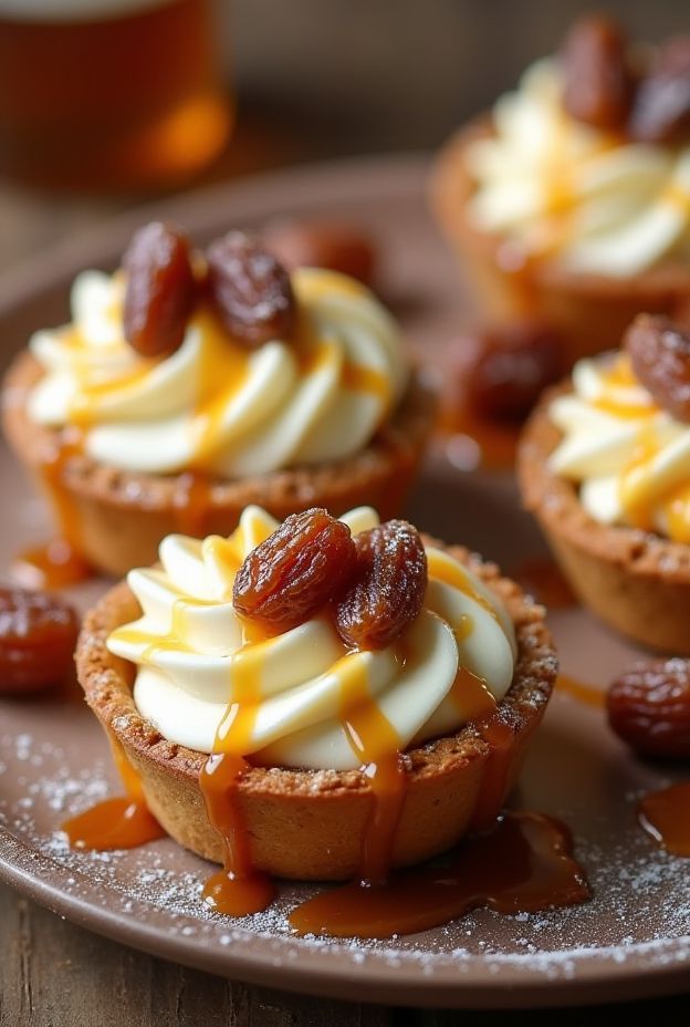 Delicious Rum Raisin Cream Tarts with custard cream and rum-infused raisins in a pastry shell.