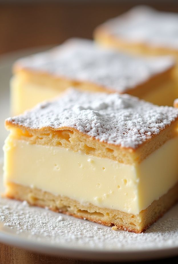 Creamy Vanilla Bean Cream Slices with Flaky Pastry Layers and Powdered Sugar Topping.