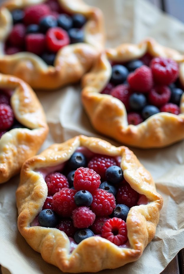 Vegan Berry Galettes with mixed berries and maple syrup on a rustic background.