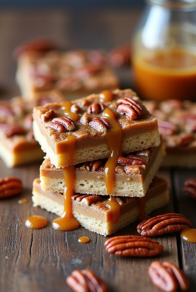Delicious Vegan Caramel Pecan Bars with a shortbread base and topped with luscious coconut caramel and pecans.