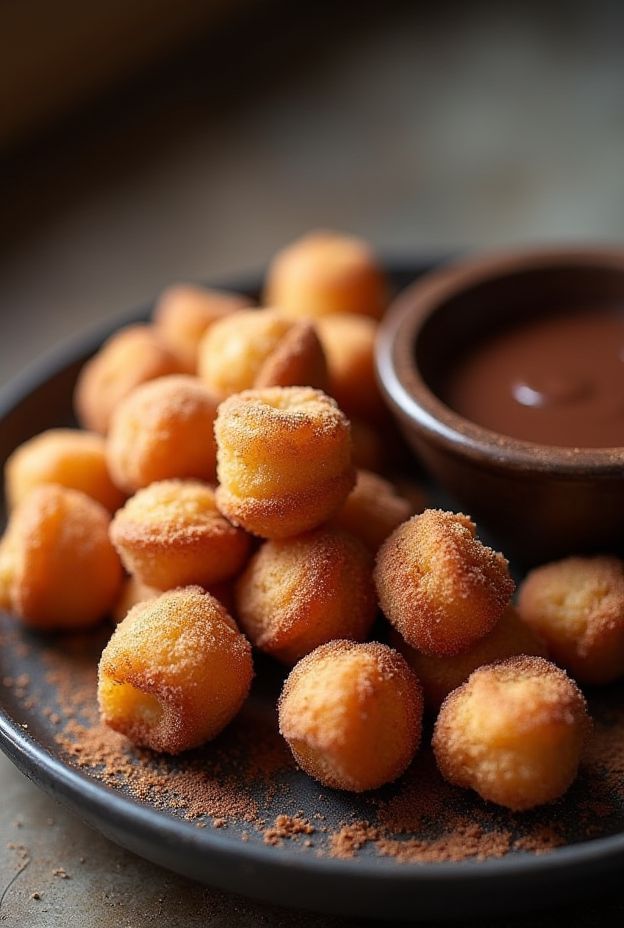 Vegan churro bites rolled in cinnamon sugar served with a rich dark chocolate dip.