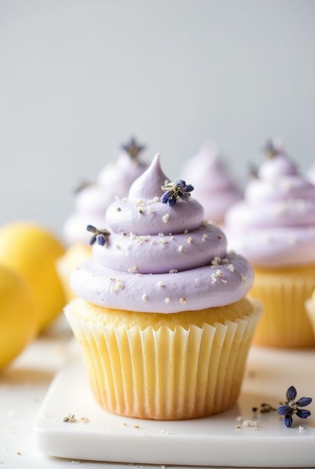 Vegan Lemon Lavender Cupcakes topped with lavender frosting, perfect for spring occasions.