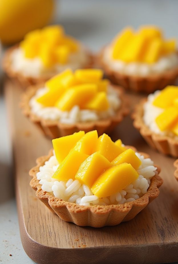 Vegan Mango Sticky Rice Tarts featuring coconut sticky rice and fresh mango in tart shells.