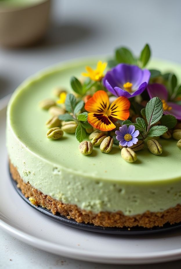 Vegan Matcha Pistachio Cheesecake decorated with flowers and pistachios, a healthy dessert option.