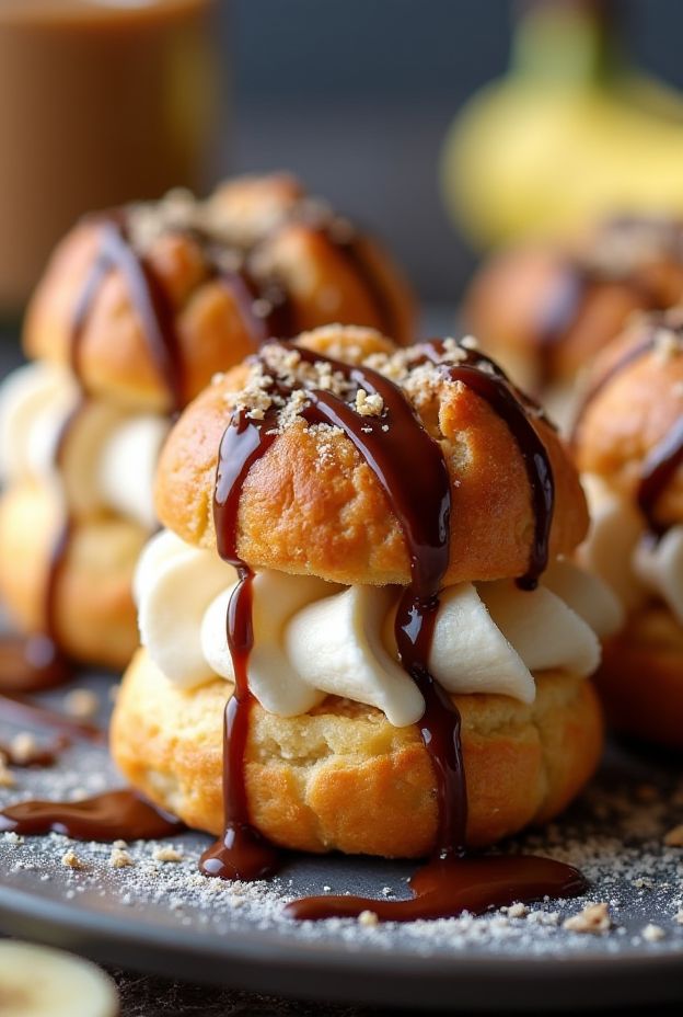 Vegan Peanut Butter Banana Cream Puffs drizzled with chocolate, showcasing a delightful and healthy dessert option.
