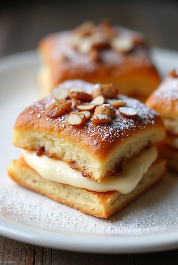 Almond Praline Napoleons featuring layers of flaky pastry and creamy praline filling topped with almonds.