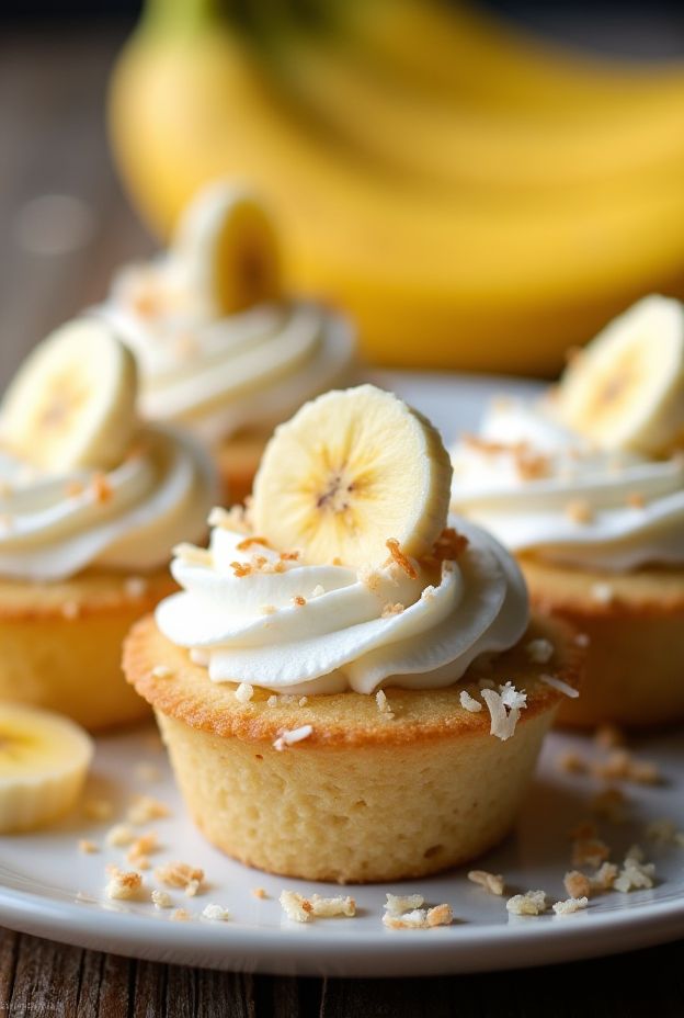 Mini vegan cream pies with bananas and coconut, garnished with banana slices and toasted coconut flakes.