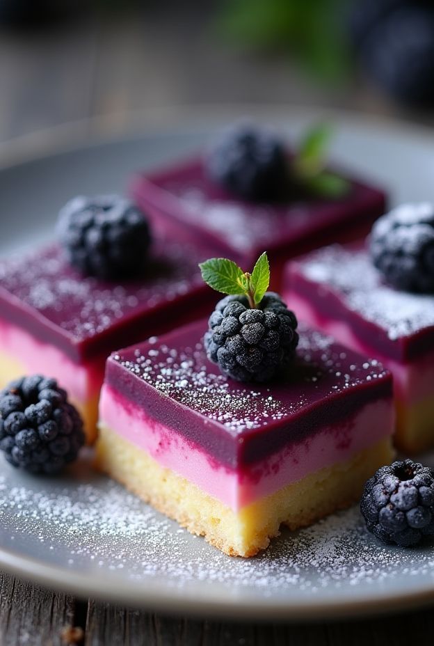 Blackcurrant Custard Bars topped with fresh blackcurrants and sprinkled with powdered sugar on a plate.