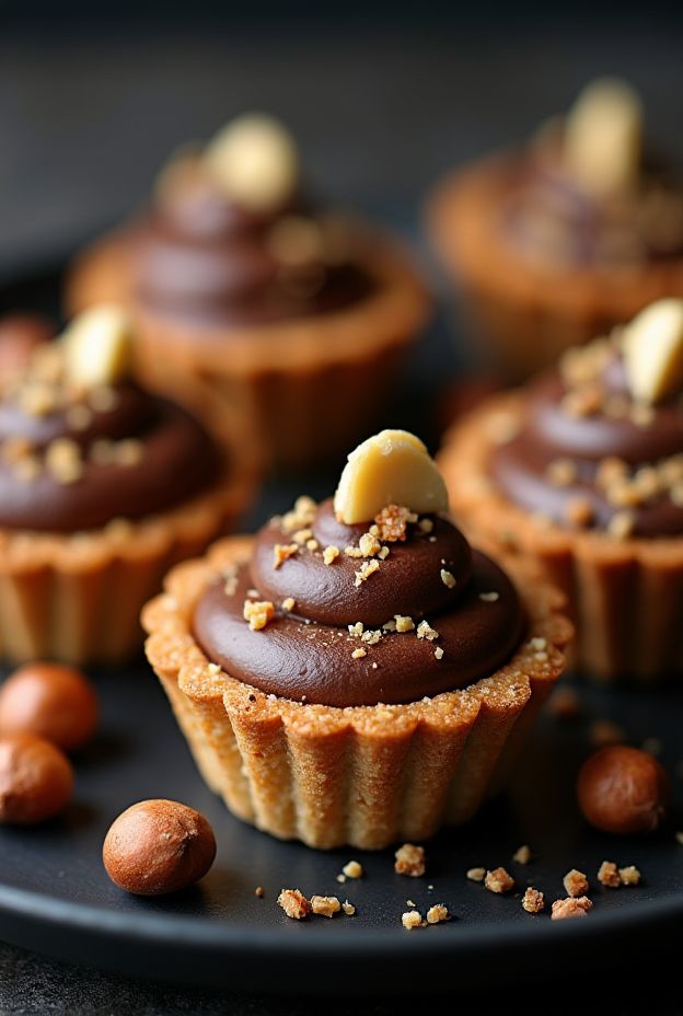 Chocolate Hazelnut Avocado Tartlets with creamy filling and crunchy topping, served on a dark plate.