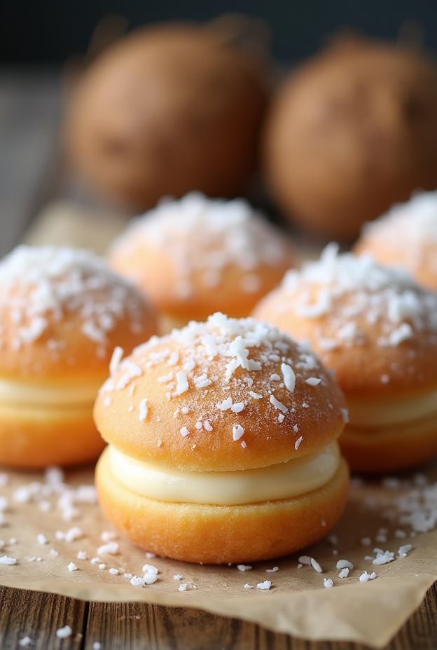 Coconut Cream Puff Donuts filled with luscious coconut pastry cream and topped with shredded coconut.