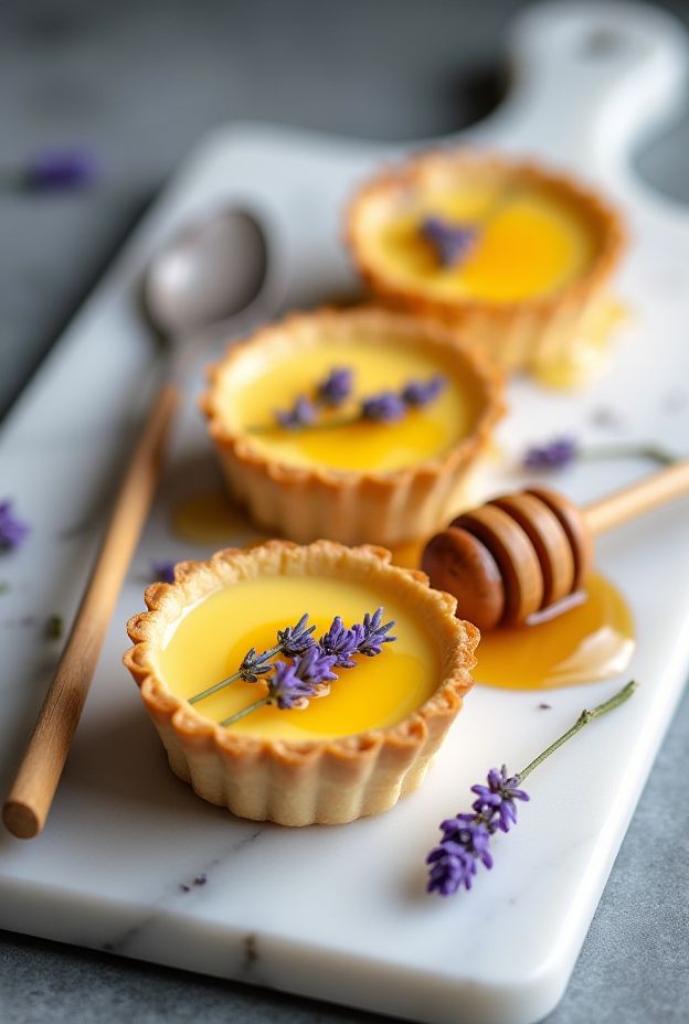 Honey Lavender Custard Tarts in crispy shells garnished with lavender flowers on a marble board.