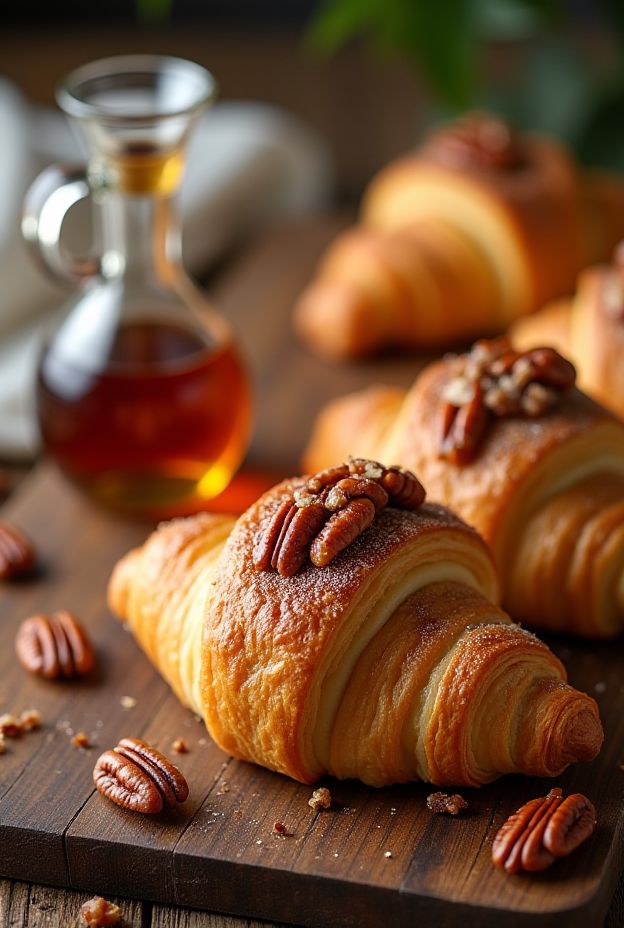 Flaky croissants filled with maple-pecan custard topped with whole pecans, a delectable pastry for any occasion.