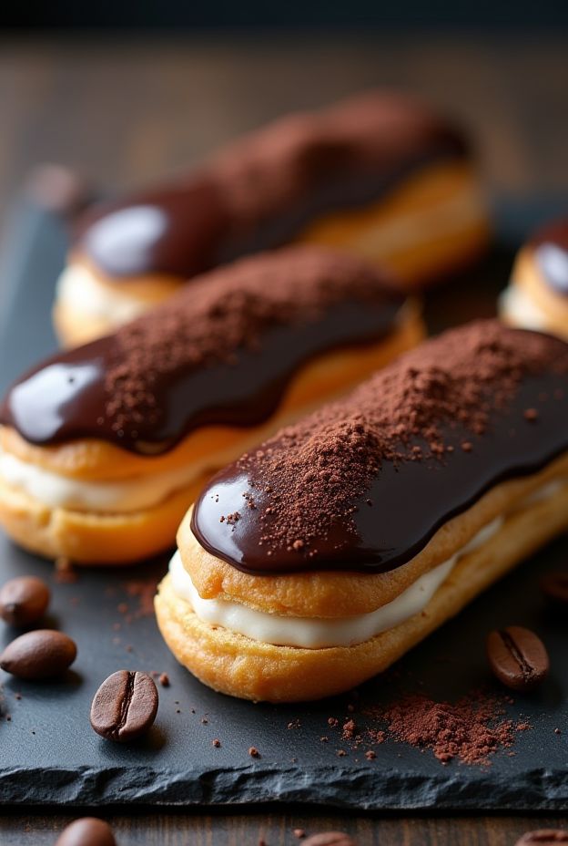 Mocha Mascarpone Éclairs filled with creamy coffee mascarpone, topped with a rich chocolate glaze.