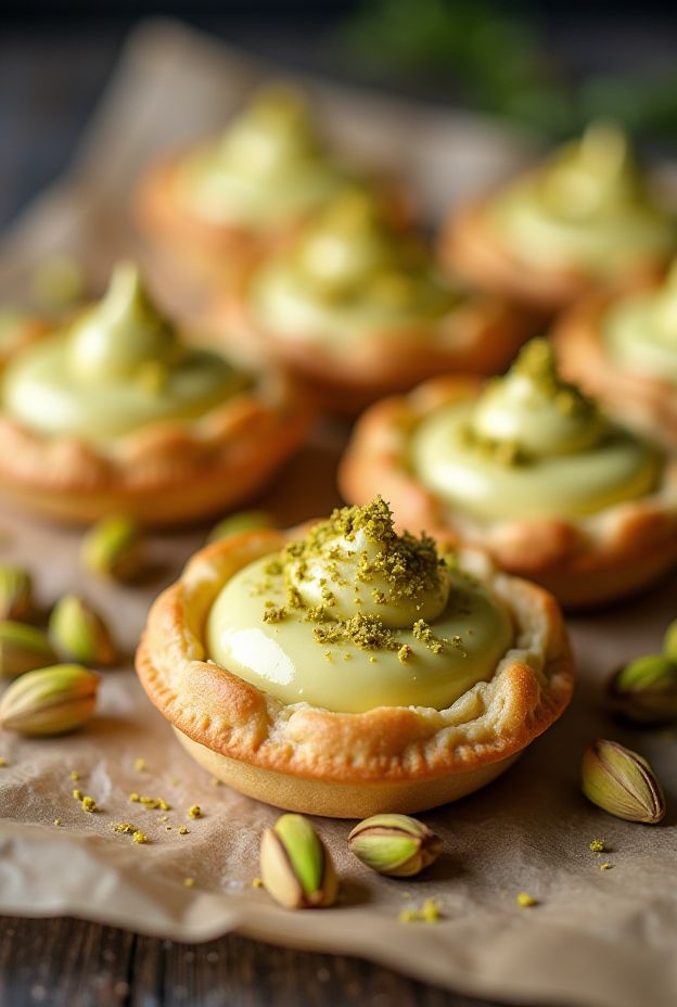 Pistachio Cream Galettes topped with pistachio custard and garnished with crushed pistachios.