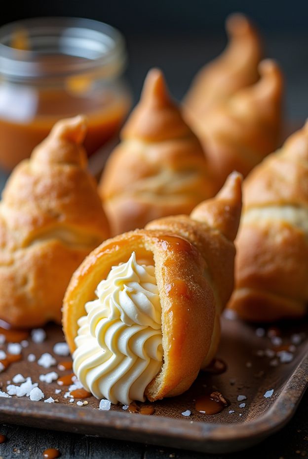 Delicious salted caramel cream horns filled with rich diplomat cream, showcasing a perfect blend of textures and flavors.