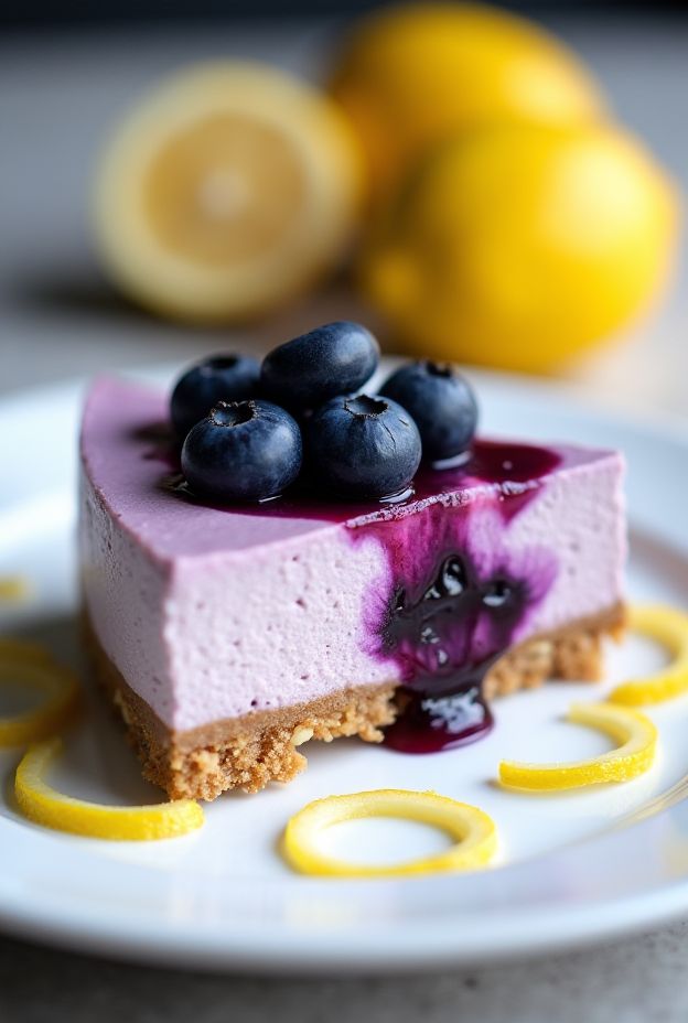Vegan Blueberry Lemon Cheesecake with a creamy cashew filling and fruity blueberry swirl on a nut crust.