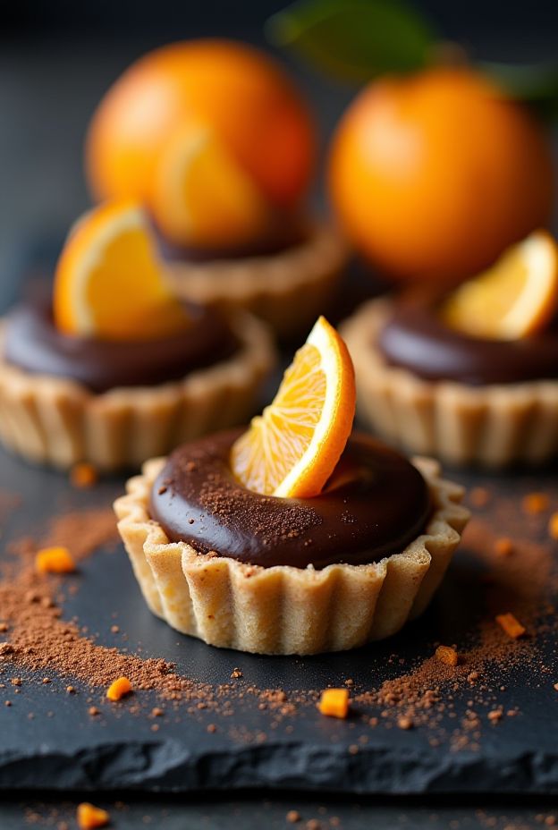Vegan Chocolate Orange Tarts with dark chocolate ganache and crunchy almond crust, garnished with fresh orange slices.