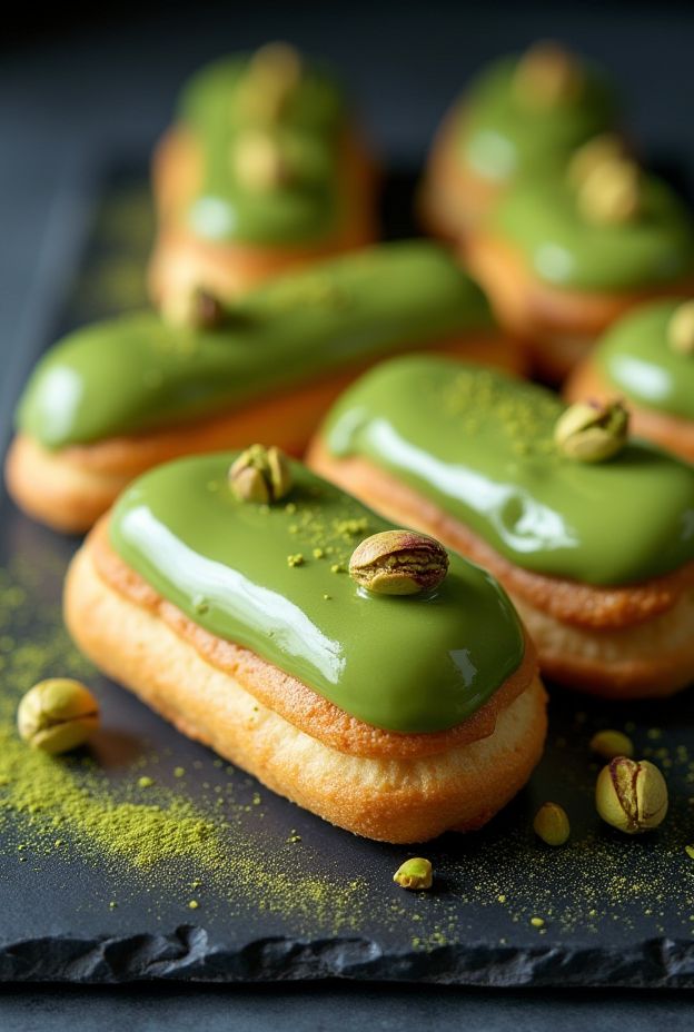 Vegan Matcha Pistachio Eclairs topped with green matcha glaze and pistachio nuts.