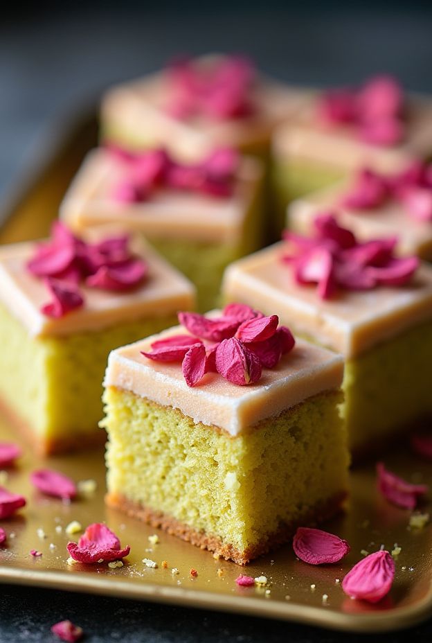 Vegan Pistachio Rose Cake Squares with edible rose petals, showcasing a soft texture and beautiful presentation.