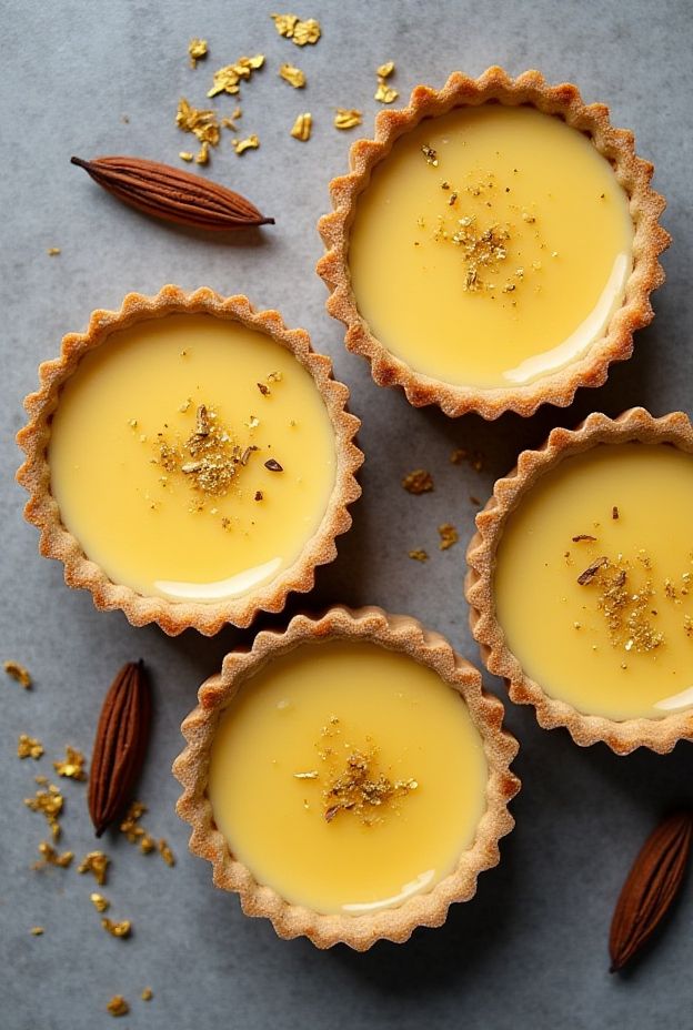 Cardamom Vanilla Custard Tarts with golden garnish on a gray surface, showcasing a delicious dessert idea.
